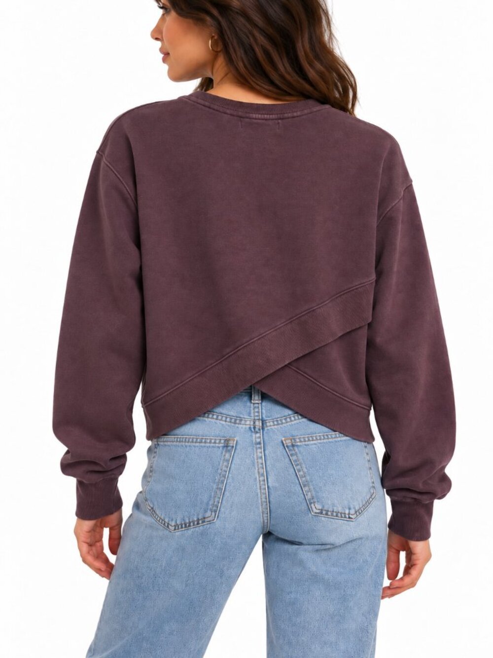 Spiritual Gangster Crossover Back Crewneck Sweatshirt Plum Eggplant Cropped S